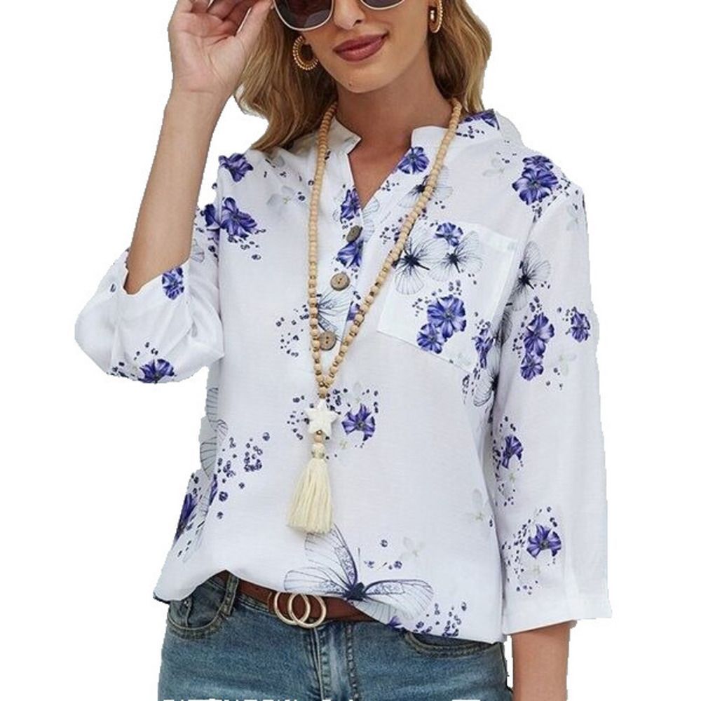 NXH White & Dark Blue Floral Button-Front Top Size L